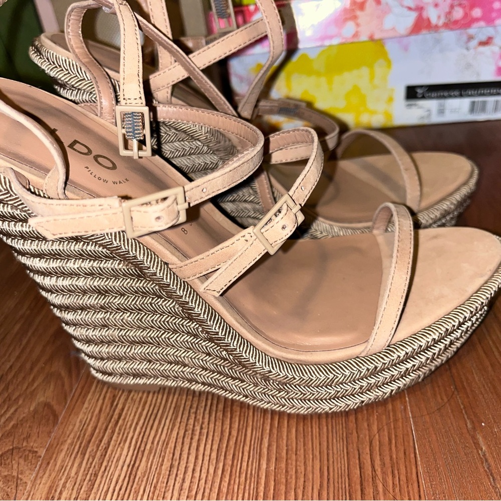 Aldo Tan and Cream Wedge Sandals